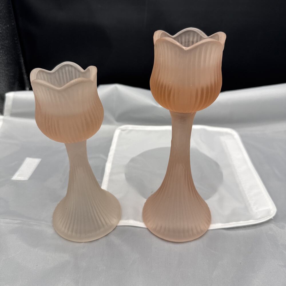 Vintage Pink Tulip Frosted Pearl Glass 7” 6” Votive Candle Holder Set of 2 OOAK